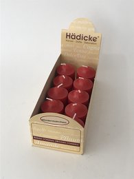 A box of 10 red, scented votive candles with a winter theme.