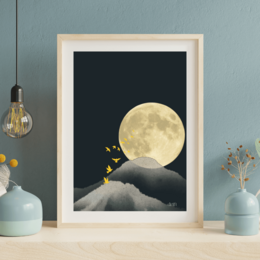 Minimal japandi abstract poster, rising moon mountain silhouette, black cream beige, nature art