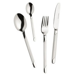 A set of stainless steel cutlery including a knife, fork, and spoon. The cutlery has a sleek, modern design with a polished finish.