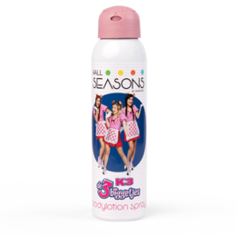 Kids body lotion spray with 3 little pigs design. Pink bottle with colorful graphics.