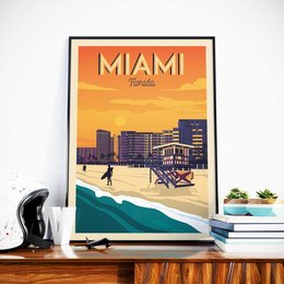 Vintage-style poster depicting the iconic Miami skyline and beach scene. Features a lifeguard stand, palm trees, and vibrant orange and blue colors. Suitable for wall art or home decor.