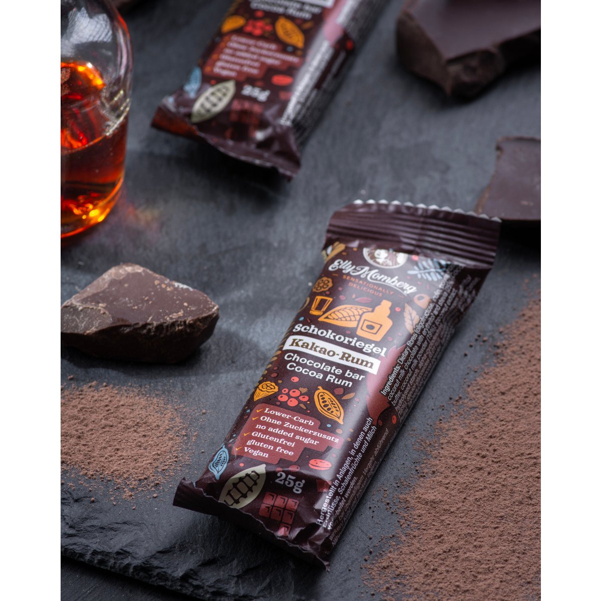 Barrita de chocolate Gourmet "Cacao y Ron" 25g - Chocolate Vegano, Sin Azúcares Añadidos y Sin Gluten (sin alcohol)