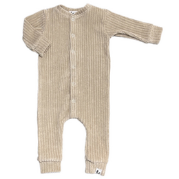 A beige corduroy playsuit for babies, featuring a ribbed texture and a button-up design. Suitable for ages 44, 62/68, 74/80, 50, and 56.