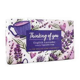 Lavender-scented soap bar with a floral design and the text "Thinking of you" on the packaging.
The product is a 190g soap bar with an English lavender scent. The packaging features a floral design in shades of purple and white, with the text "Thinking of you" prominently displayed. This soap bar would be suitable for personal use or as a gift.