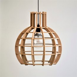 A round, wooden pendant light with a natural, minimalist design. The light features a cage-like structure with a warm, copper-colored finish.