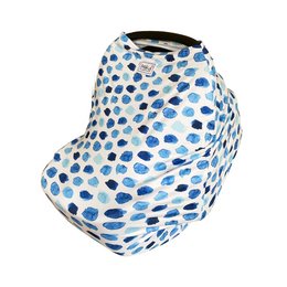 A nursing and protection cover for a Maxi Cosi pram, featuring a blue and white polka dot pattern. The cover provides 360-degree coverage to keep germs away and allow for easy access to the baby.