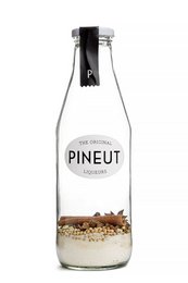 Clear glass bottle containing a clear liquor with a label that says "PINEUT". The bottle is filled with what appears to be nuts or seeds.