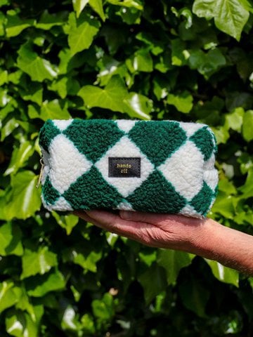 Bag Hands off old green white check made of teddy fabric
