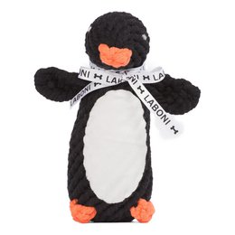 Black and white plush penguin toy with orange accents and a scarf that says "With love from Lapland".