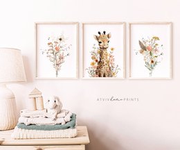 Giraffe nursery poster, giraffe poster, floral nursery print, mother and baby giraffe poster, nursery giraffe print, wildflowers print, girls nursery poster, girls room decoration
