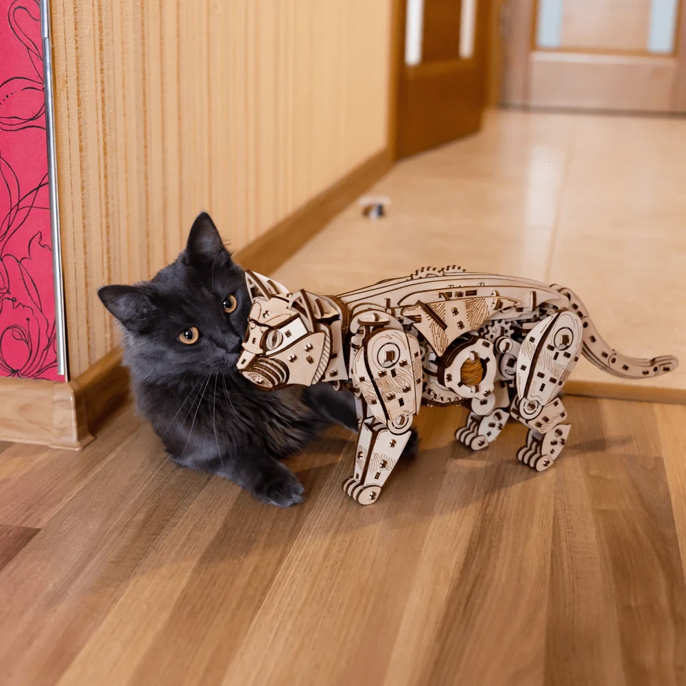 Puzzle 3D en Bois Mécanique de Chat Sauvage pour Amateurs de Puzzles