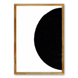 A modern abstract wall art piece featuring a large black half-circle shape against a crumpled white background, framed in a wooden frame.