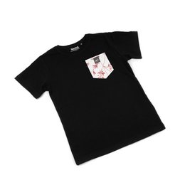 Black kids t-shirt with flower power graphic print on the front pocket.