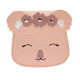  A pink shoulder bag for children featuring a cute koala design with ears, eyes, and flowers. The bag has a compact, rounded shape and appears to be made of a soft, textured material.