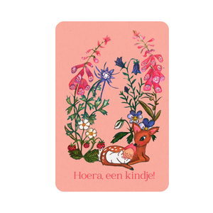 Duurzame Felicitatie kaart geboorte baby meisje met natuur, bos en wilde bloemen kindje