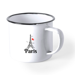 Personalized metal mug in red, blue, green, white, and black colors. Features the word "Amsterdam" written on the side.