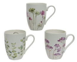  Porcelain mug with delicate flower designs, botanical floral pattern, cream colored ceramic cup