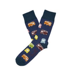 Retro-themed socks featuring colorful vintage-style vans or camper vans in various colors and patterns. The socks appear to be made of a soft, comfortable material and are suitable for sizes 36-40, 41-46, and 47-50.