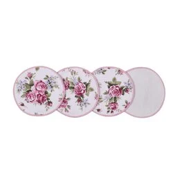 Round placemats, pink roses floral motif, elegant stripes, double-sided, set of four, vintage garden design.