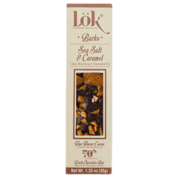  Dark chocolate bar 70% cacao with sea salt and caramel, rectangular shape, brown packaging, premium artisan confection.