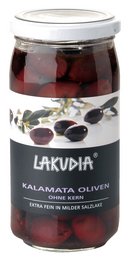 Pitted Kalamata olives in a glass jar. Dark purple olives with a rich, briny flavor. Ideal for salads, pasta dishes, or as a snack.
