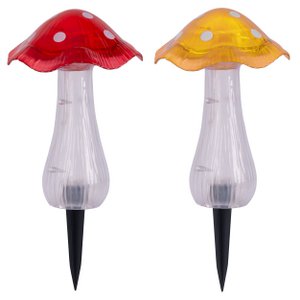 Zonne -decoratieve spiesjes zetten "mantar" Ø 13 cm, 29 cm hoog, transparant plastic in rood, geel en heldere, geïntegreerde LED's, koud wit "