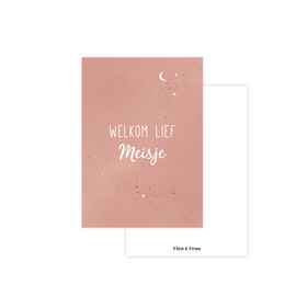 A pink greeting card with a starry sky design and the text "Welkom lief meisje" (Welcome dear girl) in white. The card is suitable for a baby girl or a young girl.