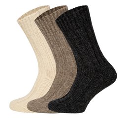 2 pairs of 100% wool socks in tan, cornsilk, and dim gray colors, available in sizes 35-38, 39-42, and 43-46.