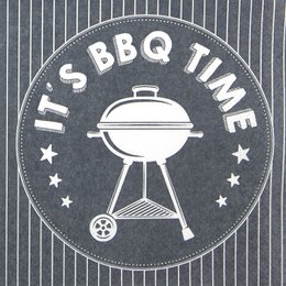  Rectangular gray napkins with a circular white and black "It's BBQ Time" logo featuring a grill icon.