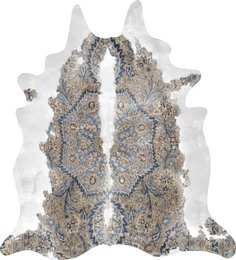 Large, patterned cowhide rug in shades of blue and brown.
