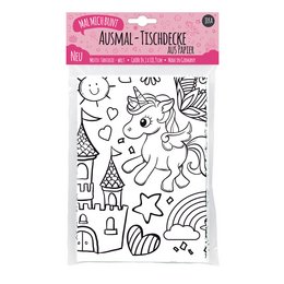 A black and white coloring tablecloth with a fantasy motif, featuring various whimsical and imaginative elements such as unicorns, stars, and other fantastical designs.