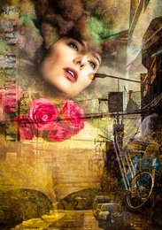 A vibrant, abstract painting featuring a woman's face surrounded by colorful, textured elements. The painting has a dreamlike, surreal quality, with a mix of geometric shapes, patterns, and organic textures creating a visually striking composition.