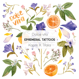 Colorful floral temporary tattoos featuring vibrant flowers, leaves, and citrus elements. Ideal for adding a touch of nature-inspired style.
