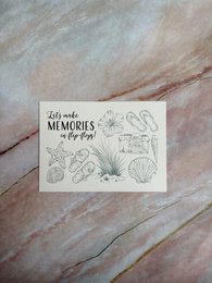  Postcard with text "Let's make memories in flip-flops" and hand-drawn illustrations of seashells, starfish, and other beach-themed elements.