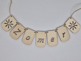  Wooden summer bunting banner with pointed bottom, natural wood flags, decorative letters and symbols, hanging string garland.