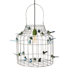 Hanging lamp with an army green metal cage design, featuring decorative birds and a single light bulb. Suitable for a child's bedroom or nursery.