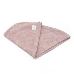 Soft, absorbent bamboo hair turban in beige, blush pink, cream, light blue, and light grey colors. Made of natural bamboo fabric for gentle hair drying.