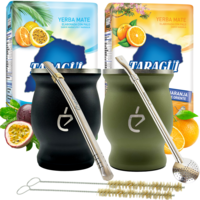 Yerba mate tea tropical set for two: inoxidable termico gourd, bombilla, brush and yerba taragui