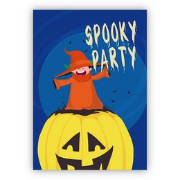  Spooky Halloween party invitation card with pumpkin and witch. Vibrant blue background with orange text and graphics.