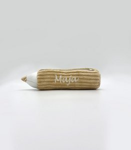Sandy Yellow - corduroy pencil case in the shape of a crayon with the child's name on it 