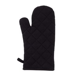  Black quilted oven mitt, 18x32cm in size, suitable for use in the kitchen when handling hot items.