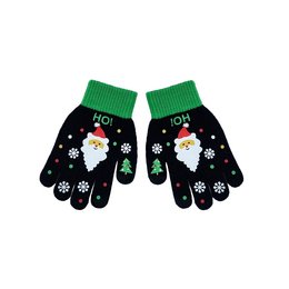Black gloves with Santa Claus and snowflake designs, suitable for kids. The gloves have a green trim and are made of a warm, knitted material.
