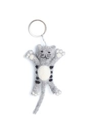 Gray and white striped cat keyring with a plush, soft texture.