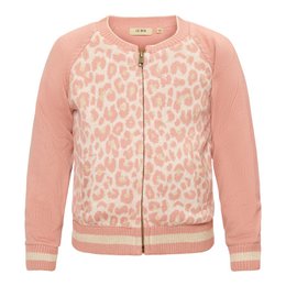 A pink and beige patterned cardigan for girls, featuring a zip-up front closure. The cardigan has a soft, cozy texture and is suitable for children aged 98-152 cm.