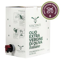 100% Italian extra virgin olive oil in a 3 liter bag-in-box container. The olive oil is packaged in a sturdy, recyclable box with a spigot for easy pouring.