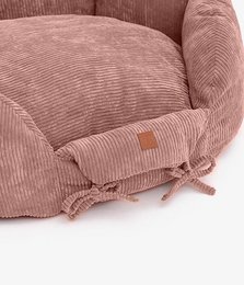 Ronny Cord pet basket in dusky pink, khaki, sand, and charcoal colors. Available in small, medium, and large sizes. Made of soft, plush corduroy material with a cozy, comfortable design for pets.