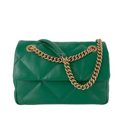 Quilted green handbag with gold chain strap and hardware.