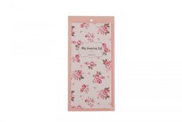 A pink notebook with a floral pattern featuring roses and other flowers. The notebook is titled "Shopping list Lucy 24 cm Isabelle Rose".