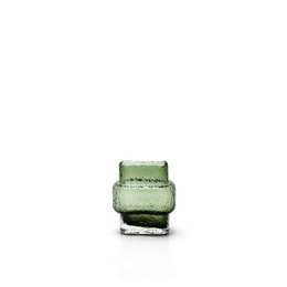  Small, square-shaped green glass vase with a textured surface.