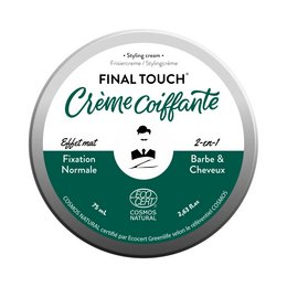A styling cream for men's beard and hair, featuring a green and white color scheme with icons indicating its 2-in-1 function for fixing and styling.